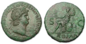 Néron - Sesterce (66, Lyon) Rome assise