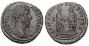 Lucius Vérus - Sesterce (161, Rome) Marc Aurèle et Lucius Vérus debout
