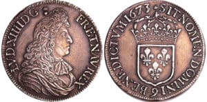 France - Louis XIV (1643-1715) - Ecu à la cravate, 1ère émission - 1673 9 (Rennes) différents rosette