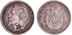 France - Napoléon III (1852-1870) - 1 franc tête laurée 1866 BB (Strasbourg), gravée d'une étoile et de 2 croisettes.
