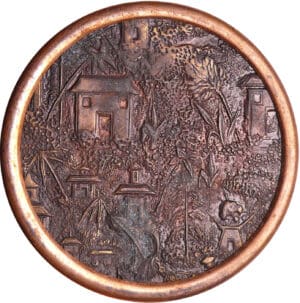 Bouton plat en bronze et laiton - Décors japonais - 18ème siècle