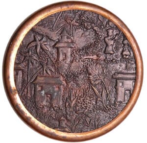 Bouton plat en bronze et laiton - Décors japonais - 18ème siècle