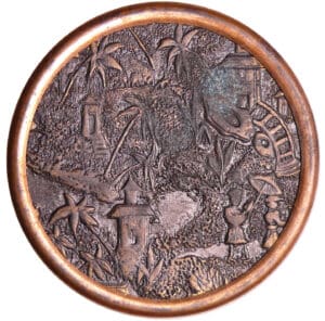 Bouton plat en bronze et laiton - Décors japonais - 18ème siècle