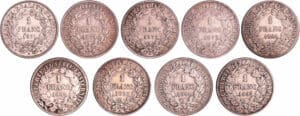 France - Troisième république (1871-1940) - 1 franc Cérès années 1871 à 1895 (9 monnaies)