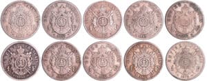 France - Napoléon III (1852-1870) - 1 franc tête laurée année 1866 à 1870 (10 monnaies)