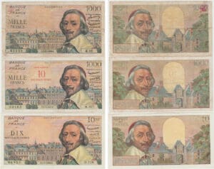 France - 1000 francs et 10 NF francs "Richelieu", Lot des 3 billets