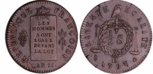 France - Convention (1792-1795) - 1/2 sol à la balance - An II - 1793 H (La Rochelle) refrappe