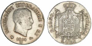 Italie - Lombardie Napoléon 1er - 5 lires 1808 M (Milan).