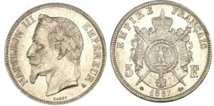 5 francs Napoléon III tête laurée 1867 A (Paris)