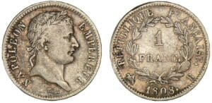 1 franc Napoléon revers République 1808 B (Rouen)