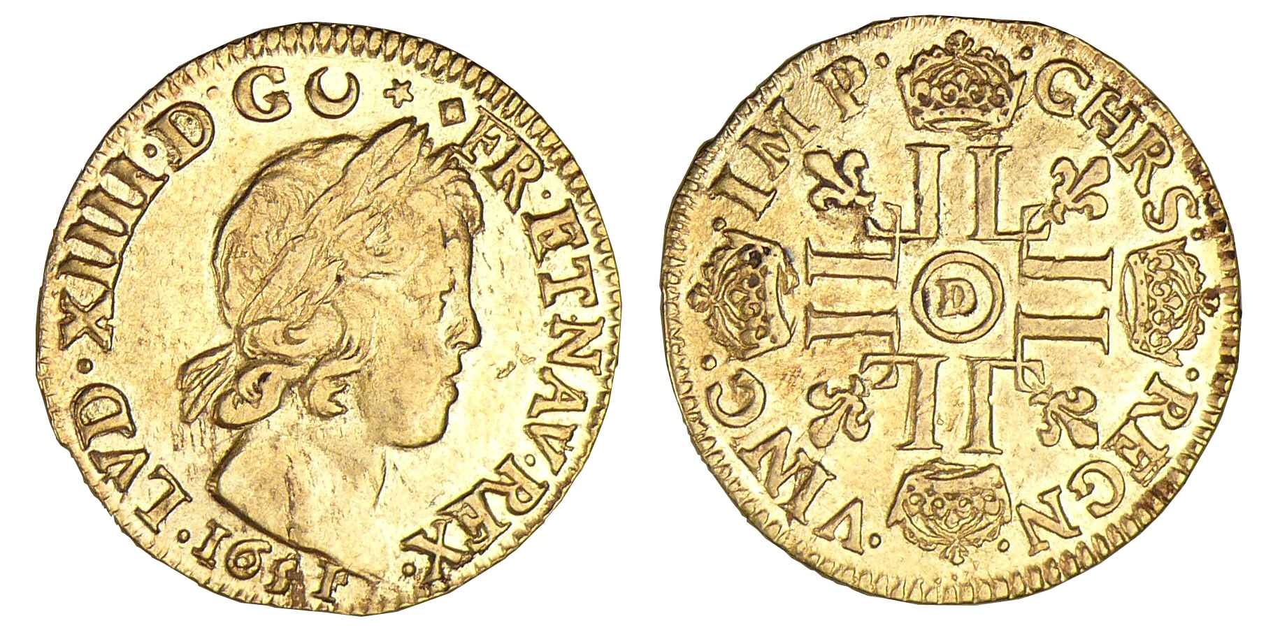 Louis XIV - Louis d'or à la mèche courte 1651 D (Lyon) Louis XIV - Louis d'or à la mèche courte 1651 D (Lyon)