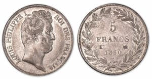 5 francs Louis-Philippe I tête nue, tranche creux 1830 K (Bordeaux).