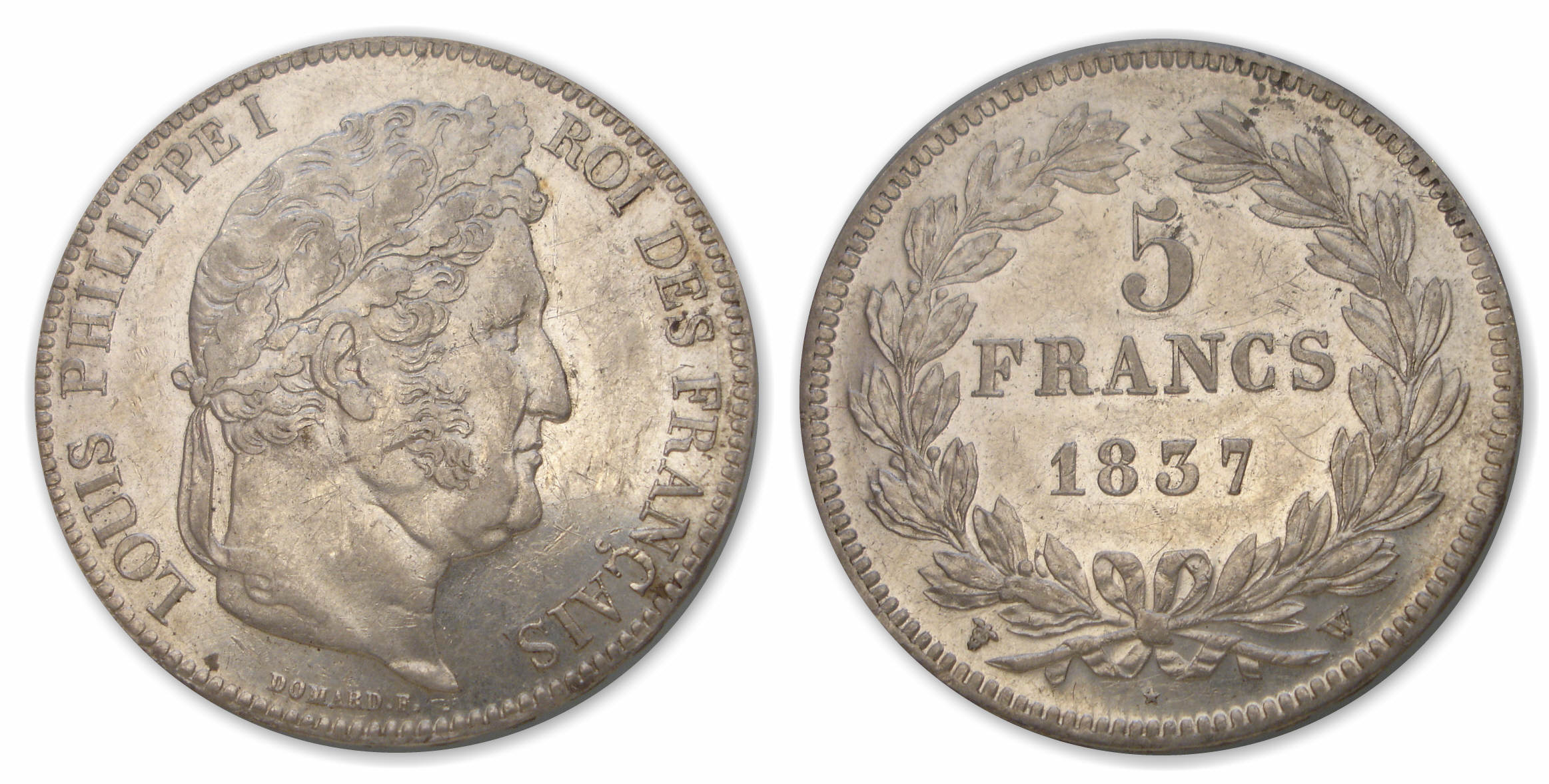 5 frs Louis-Philippe I tête laurée 2e type 1837 W (Lille) 5 frs Louis-Philippe I tête laurée 2e type 1837 W (Lille)