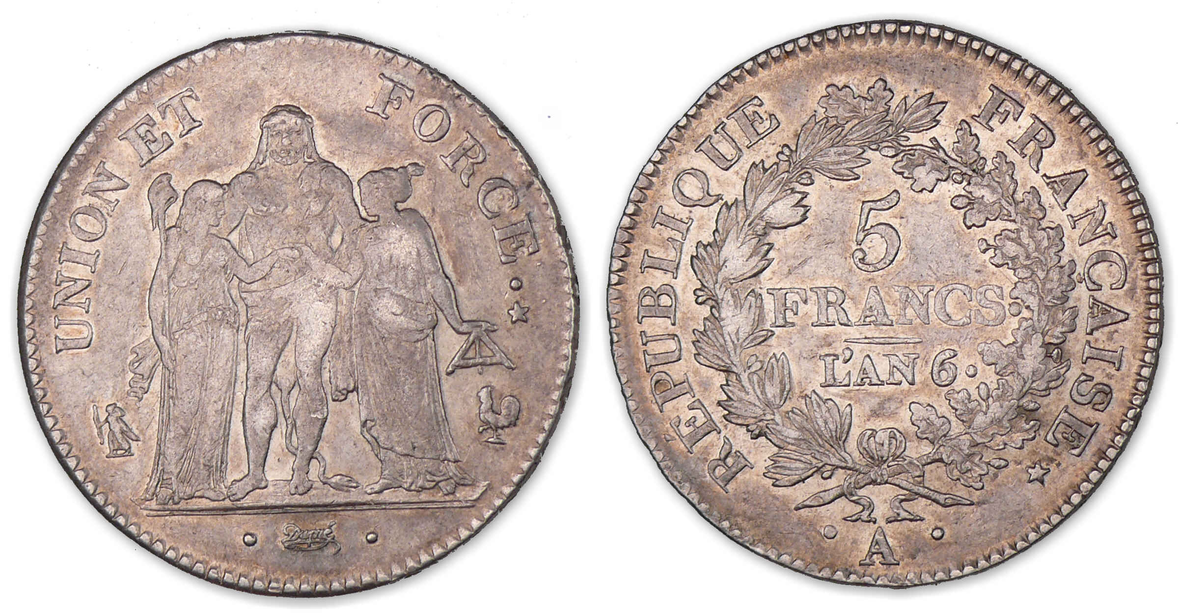 5 francs Hercule union et force avec glands An 6 A (Paris). 5 francs Hercule union et force avec glands An 6 A (Paris).