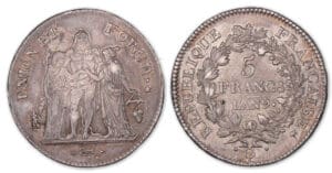 5 francs Hercule union et force avec glands An 9 Q (Perpignan).