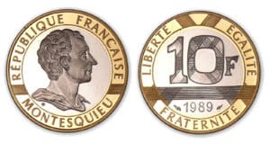 10 franc Montesquieu en or jaune et blanc 1989.