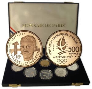 Coffret de neuf pièces de 100 francs BE Jeux Olympiques d'hiver d'Albertville, et une 500 francs or BE Pierre de Coubertin - 1991/92.