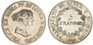 Italie - Principauté de Lucques et Piombino - Félix Bacciochi et Elisa Bonaparte - 5 franchi 1805 (Florence)