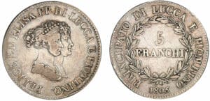 Italie - Principauté de Lucques et Piombino - Félix Bacciochi et Elisa Bonaparte - 5 franchi 1805 (Florence)