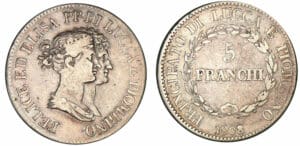 Italie - Principauté de Lucques et Piombino - Félix Bacciochi et Elisa Bonaparte - 5 franchi 1808 (Florence)