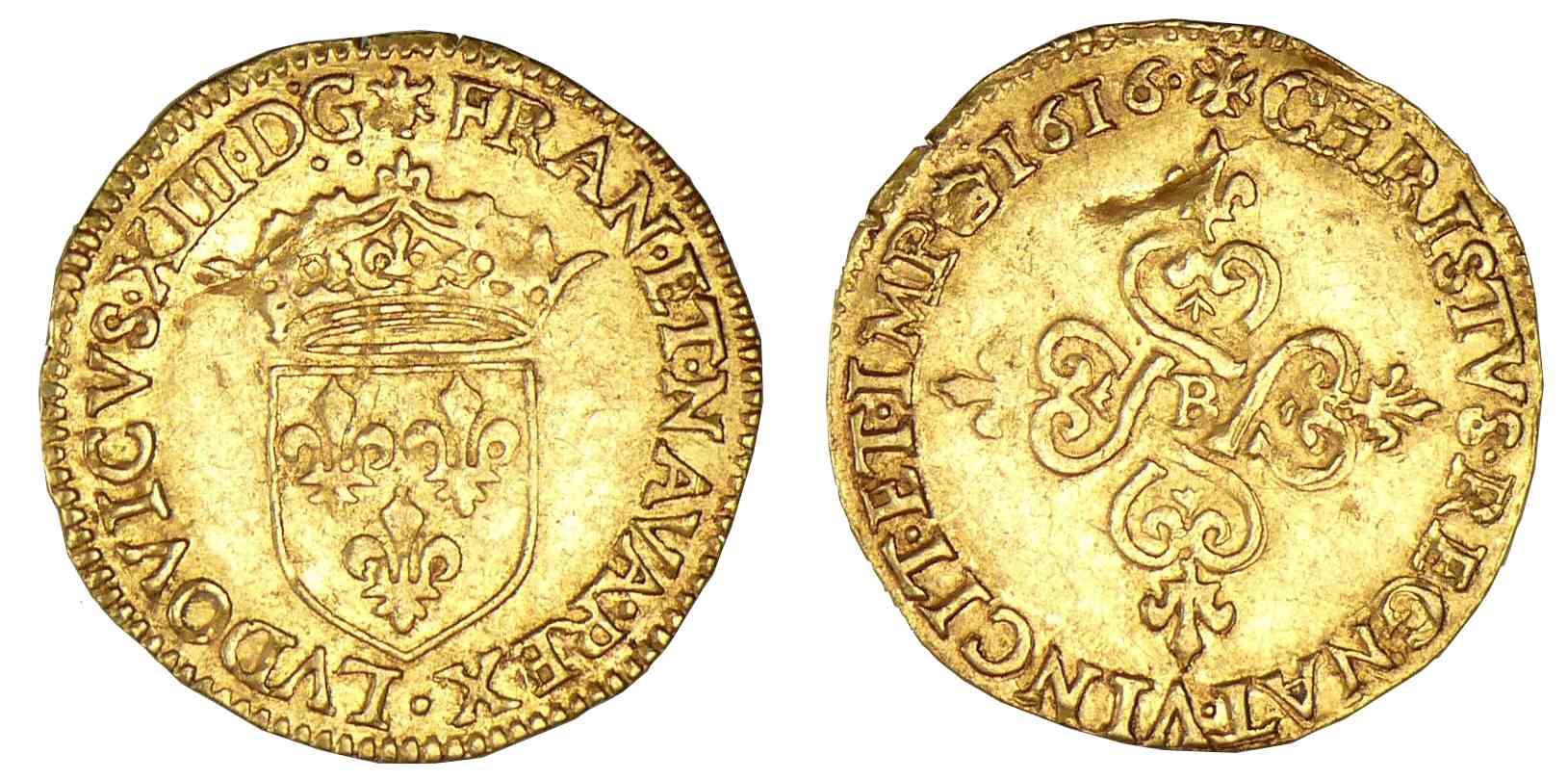 Louis XIII - Ecu d'or au soleil 1616 B (Rouen) trésor de Montrichard Louis XIII - Ecu d'or au soleil 1616 B (Rouen) trésor de Montrichard