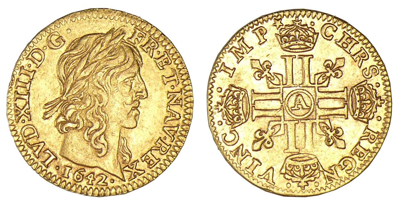 Louis XIII - Demi-louis d'or à la mèche longue 1642 A (Paris) trésor de Montrichard Louis XIII - Demi-louis d'or à la mèche longue 1642 A (Paris) trésor de Montrichard