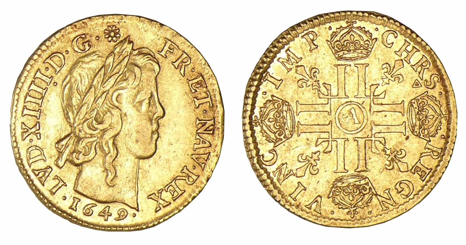 Louis XIV - Louis d'or à la mèche Longue 1649 A (Paris) trésor de Montrichard Louis XIV - Louis d'or à la mèche Longue 1649 A (Paris) trésor de Montrichard