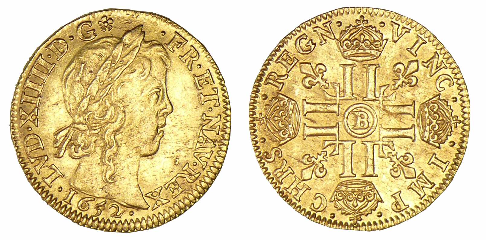 Louis XIV - Louis d'or à la mèche Longue 1652 B (Rouen) trésor de Montrichard Louis XIV - Louis d'or à la mèche Longue 1652 B (Rouen) trésor de Montrichard