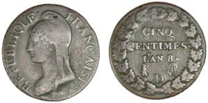 5 centimes Dupré grand module An 8 D (Lyon)