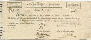 Bon au porteur de 20 francs - 28 vendémaire an VII (19 oct. 1798)
