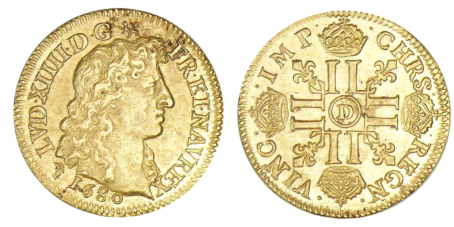 Louis XIV - Louis d'or à la tête virile 1680 D (Lyon) Louis XIV - Louis d'or à la tête virile 1680 D (Lyon)
