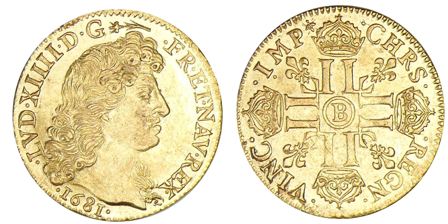 Louis XIV - Louis d'or à la tête virile 1681 B (Rouen) Louis XIV - Louis d'or à la tête virile 1681 B (Rouen)