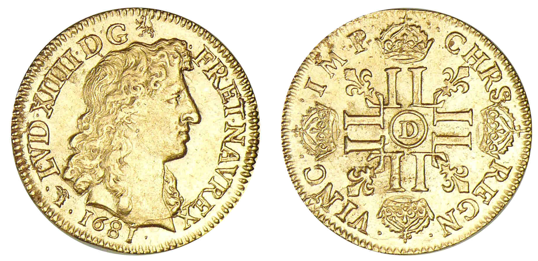 Louis XIV - Louis d'or à la tête virile 1681 D (Lyon) Louis XIV - Louis d'or à la tête virile 1681 D (Lyon)