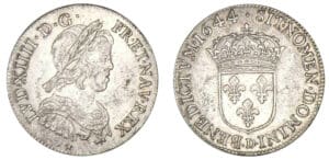 Louis XIV - Quart d'écu à la mèche courte 1er type 1644 D (Lyon)