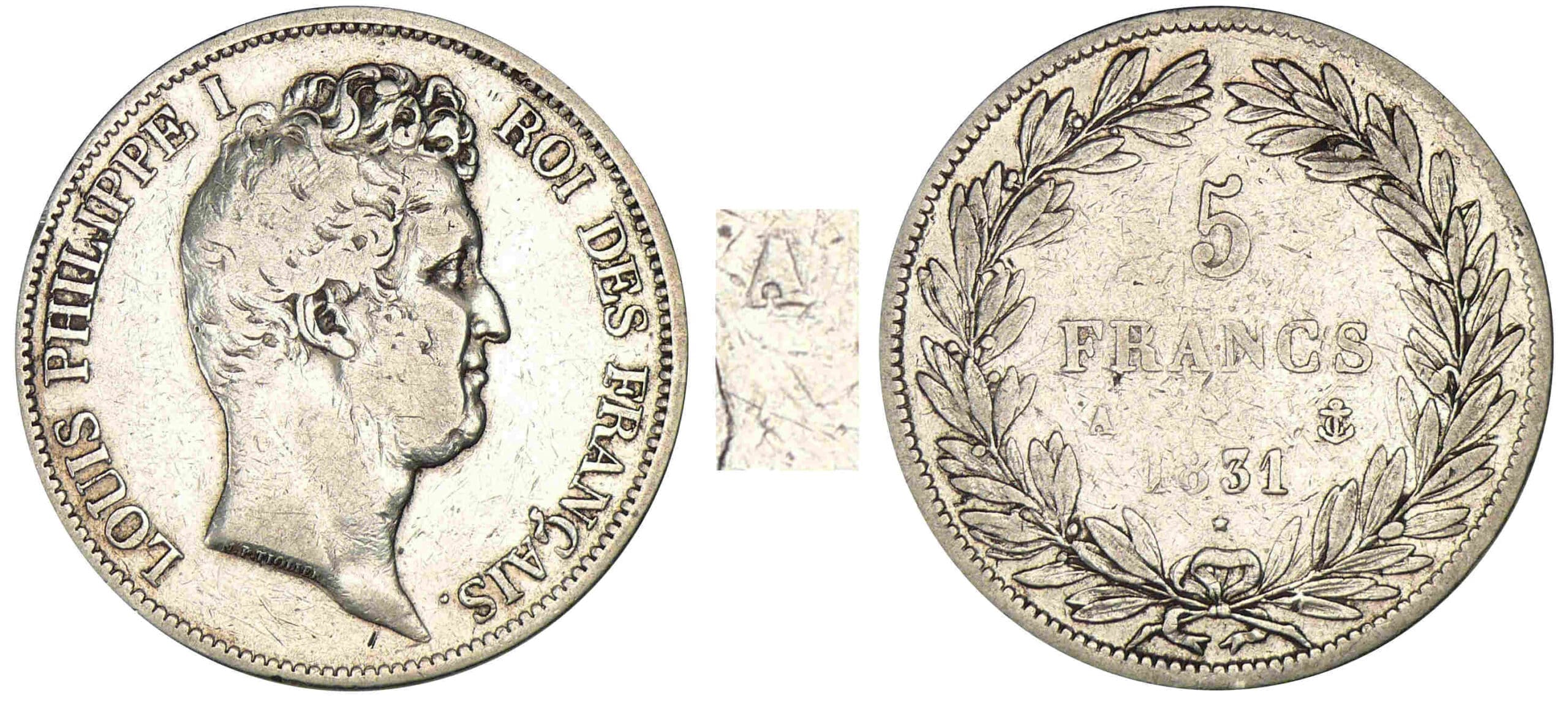 5 francs Louis-Philippe Ier tête nue - Tranche relief 1831 A (Paris) 5 francs Louis-Philippe Ier tête nue - Tranche relief 1831 A (Paris)
