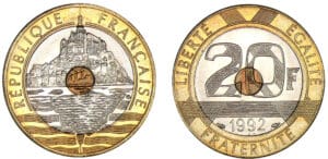 20 francs Mont Saint-Michel 1992 - V ouvert, 4 cannelures