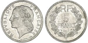 5 francs Lavrillier aluminium 1947 B (9 fermé)