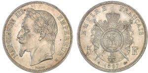 5 francs Napoléon III tête laurée 1867 BB (Strasbourg)