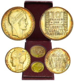 Coffret de la 100 francs Bazor 1929 essai et de la 10 francs Turin 1929 essai
