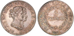 Italie - Principauté de Lucques et Piombino - Félix Bacciochi et Elisa Bonaparte - 5 franchi 1807 (Florence)