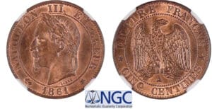 5 centimes Napoléon III tête laurée 1861 A (Paris)