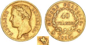 40 francs Napoléon revers empire 1811 A (Paris) A / coq
