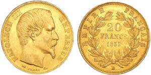 20 francs Napoléon III tête nue 1855 D (Lyon)