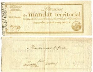 Vérificateur de la promesse du mandat territorial de 250 francs - Signé Bugarel - 28 ventôse, An IV (1796)