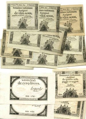 Lot de 22 assignats - Dix sous, cinq livres, quinze sols