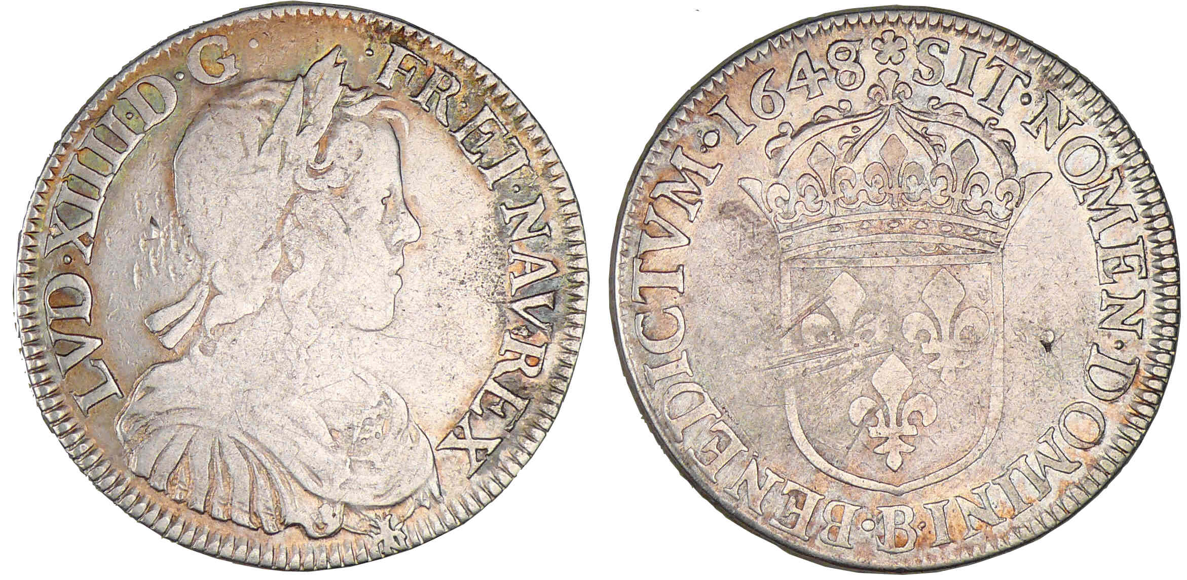 Louis XIV - Demi-écu à la mèche longue - 1648 B (Rouen) 8/7 et B/C Louis XIV - Demi-écu à la mèche longue - 1648 B (Rouen) 8/7 et B/C