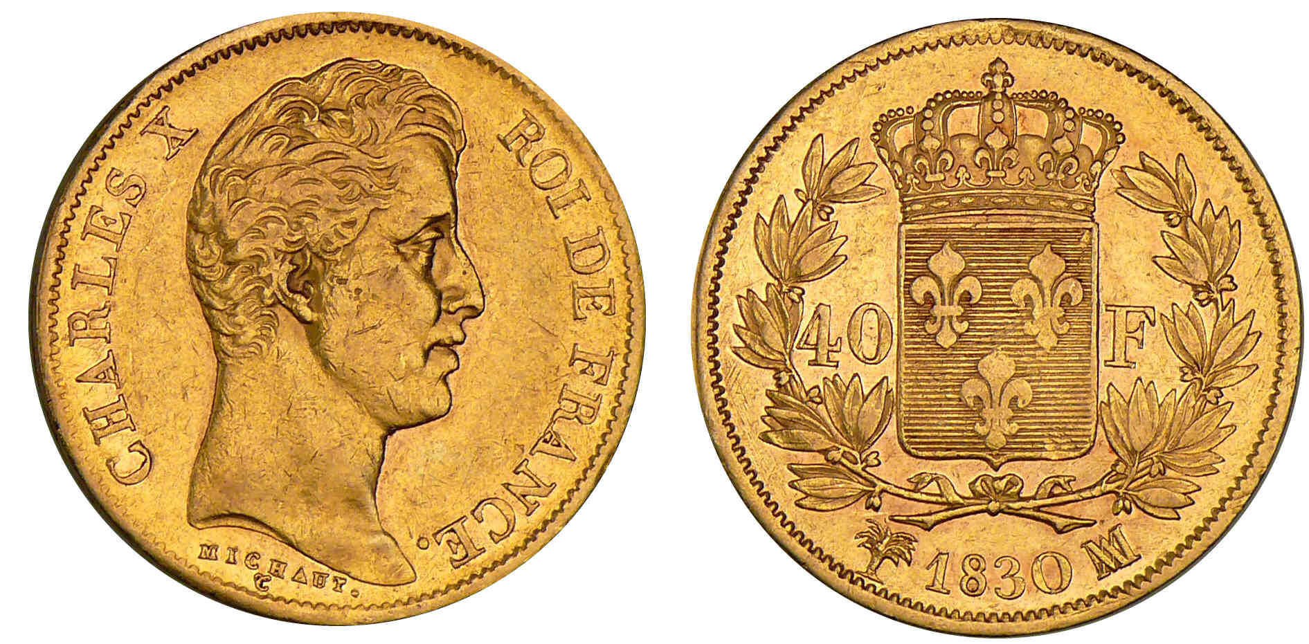 40 francs Charles X - 2ème type - tranche en creux - 1830 MA (Marseille) 40 francs Charles X - 2ème type - tranche en creux - 1830 MA (Marseille)