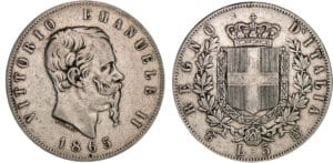 Italie - Vittorio Emanuele II - 5 lire 1865 T (Turin)
