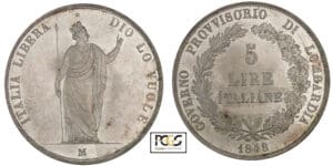 Italie - Gouvernement provisoire de Lombardie - 5 lire 1848 (Milan)