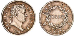 1/4 de franc Napoléon revers emp. fra 1809 A (Paris)